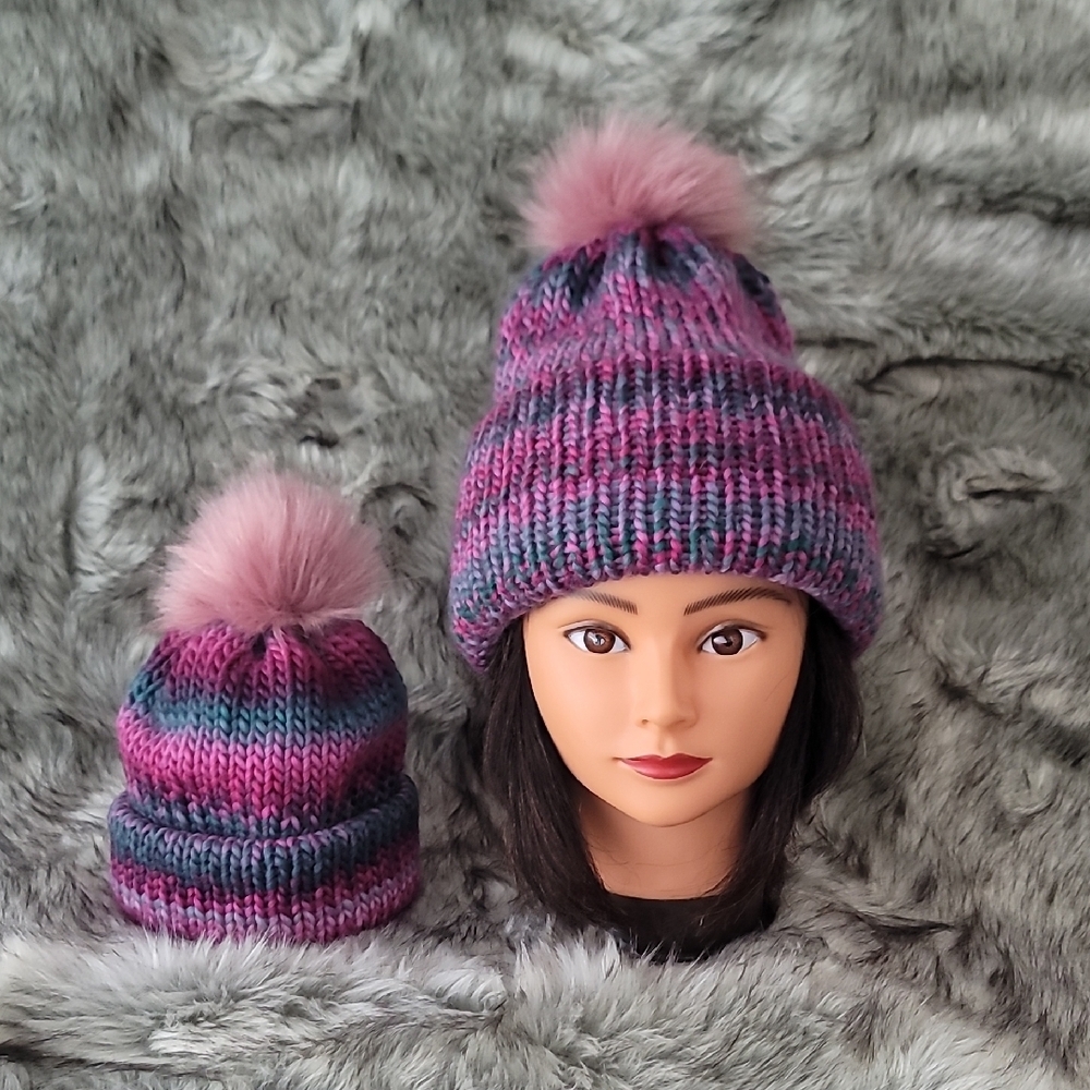 Knit Beanie Set with Pom-Poms